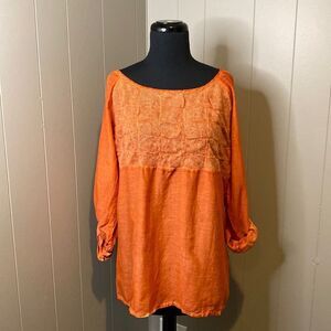 NWT Saga Size 1 Terra Orange Blouse Top Sheer Knit Chest Detail Rolled Cuffs
